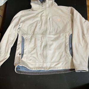 The North Face Cream and Gray Fleece Jacket woman’s size large shows some wear